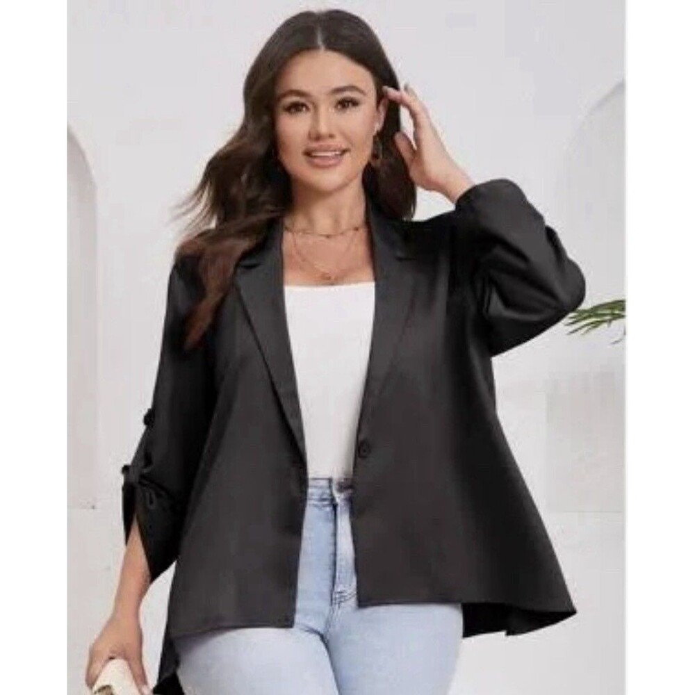 YesFashion Notch Lapel Asymmetric Hem Cuffed Sleeve Blazer Jacket Women’s 2X